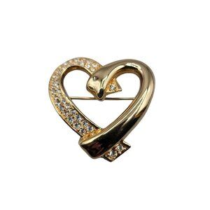 Swarovski Pave Crystal Heart Brooch Gold Tone Vintage Swan Stamp Pin